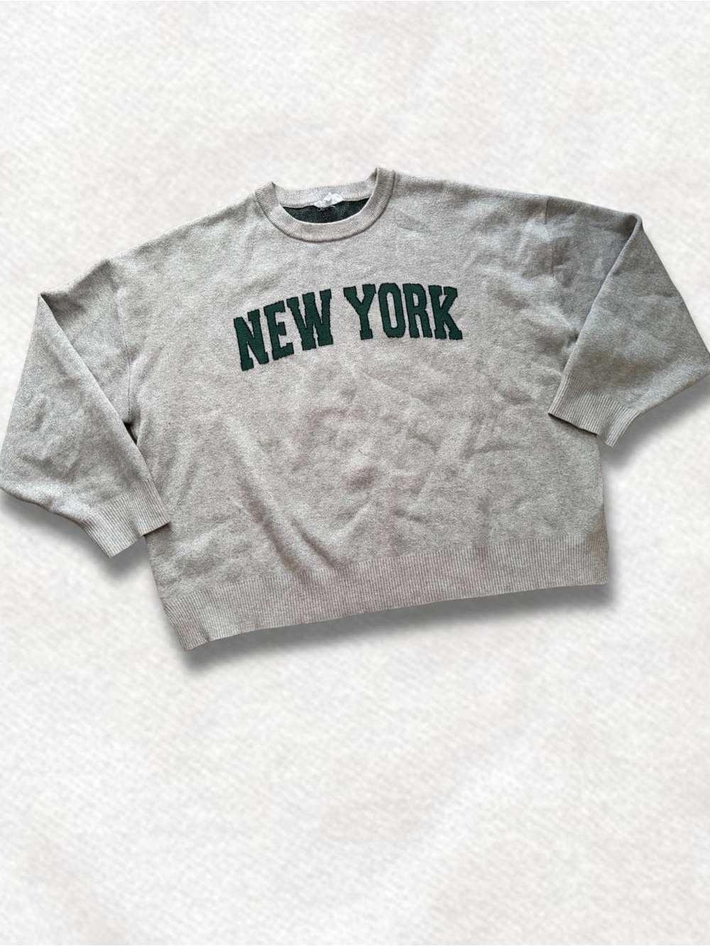 Grey Crewneck Sweater with Green NEW YORK Applique